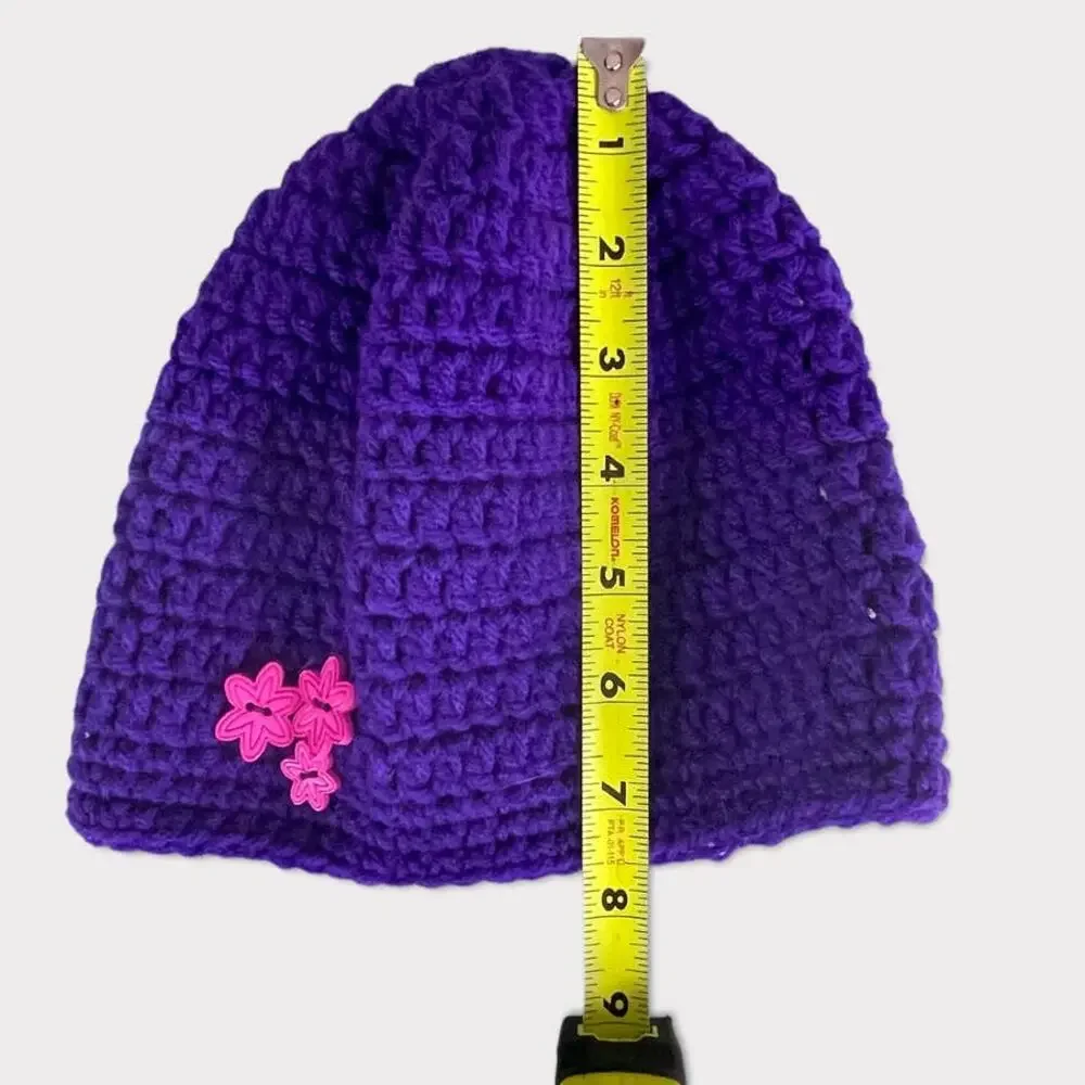 Hand Knit Crochet Girls Hat Beanie Purple with Pink Flower Buttons